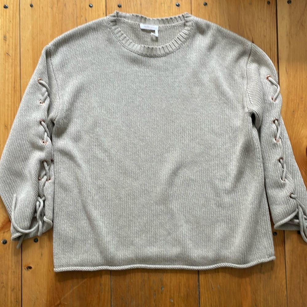 See by Chloe knit tan sweater with tie accents on sleeves